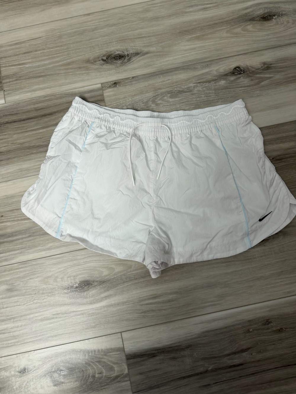 Nike Women’s White Athletic Running Shorts with Light Blue Trim SZ L